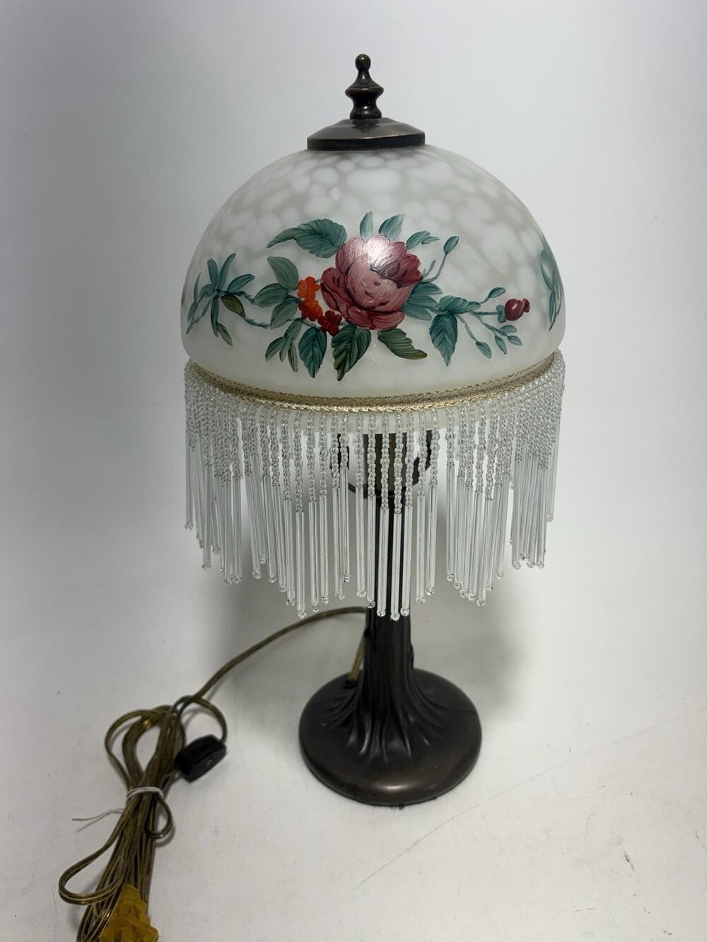 Vintage Victorian Style Hand Painted Milk Glass Fringe Table Lamp Floral Shade